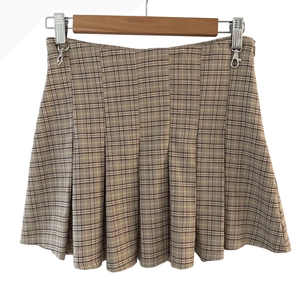 Bershka Women Sz XS Tan Plaid Pleated Mini Skirt Side Zip High Waist
